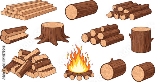 PrintFirewood logs, timber planks, tree stumps and campfire vector set, wooden fuel collection for camping, forestry, carpentry and rustic design