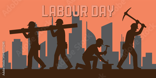 Labour day celebration with workers silhouettes against city skyline at sunset