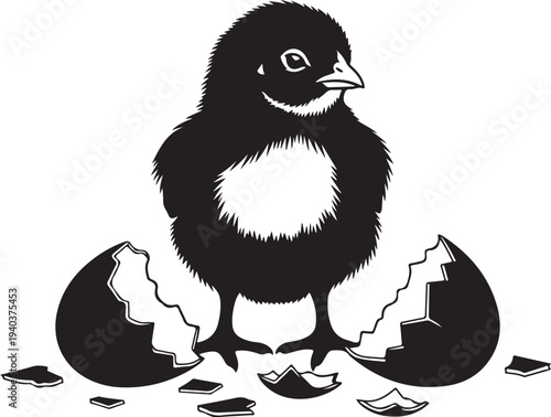 Happy black and white chick hatching from broken eggshell