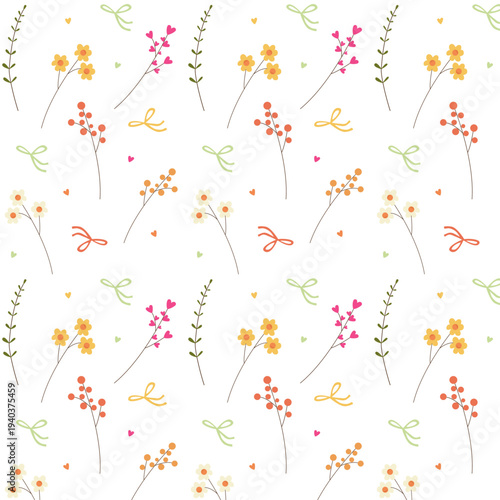 A pattern of summer and spring flowers on a white background with cute hearts