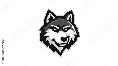 A stylized illustration of a wolf's head, showing detail with a black, white, and gray color scheme