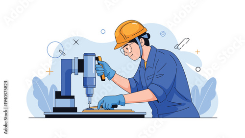 Professional worker wearing a yellow hard hat and blue overalls using a heavy duty industrial drill machine with care.