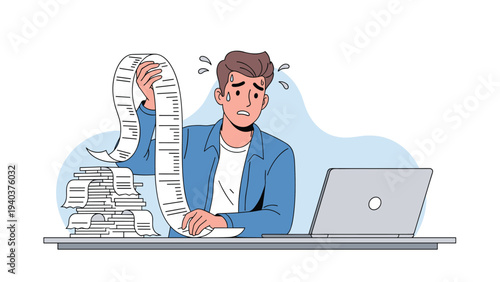 Stressed man sitting at a desk with his laptop and looking at an extremely long paper receipt while sweating with worry.