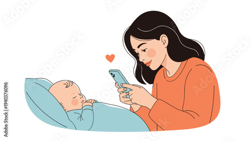 Young mother sitting on a bed and using her smartphone while her baby sleeps peacefully next to her in a light blue room.