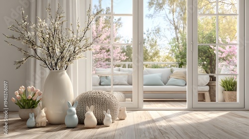 Bright and spacious modern living room beautifully decorated for Easter with subtle pastel bunny figurines and a vase of budding branches.
