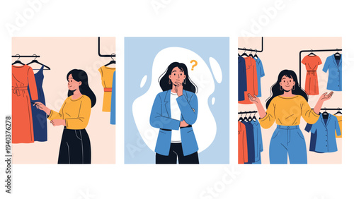 Three panel illustration of a woman looking confused while shopping for clothes in a boutique and trying to make a choice.