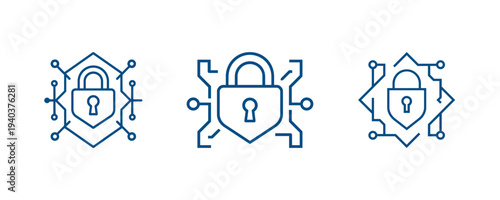 Padlock Security Logos with Digital Circuitry Elements Blue Line Art