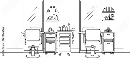 Continuous line art of modern barbershop interior with chairs and mirrors