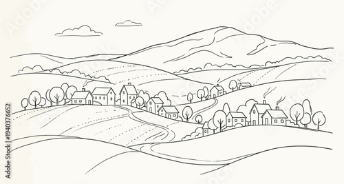 A serene black and white winter landscape vector illustration featuring a frozen river and a snowy fir tree forest winding toward a cold mountain range under a foggy sky