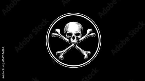 A white skull and crossbones emblem framed in a circle on a black background