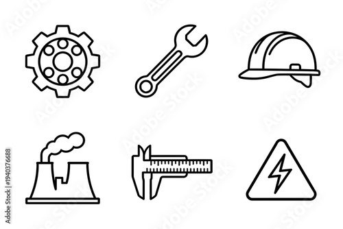 Industrial engineering and manufacturing icons set featuring gear wheel, wrench, safety helmet, factory chimney, vernier caliper and high voltage sign.