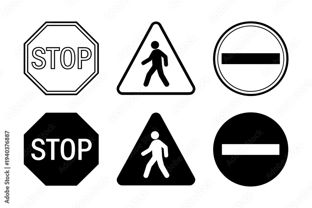 Obraz premium Road safety and traffic sign icons set including stop sign pedestrian crossing and no entry symbols in linear and silhouette style designs