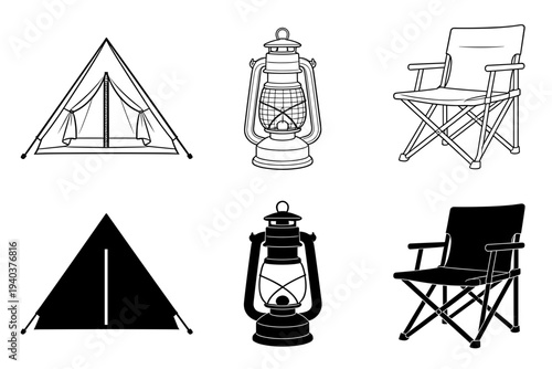 Outdoor camping equipment icons in line art and silhouette, adventure gear including tent lantern and folding chair for wilderness leisure and hiking projects