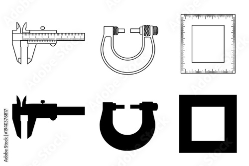 Professional precision measurement tools set featuring vernier caliper micrometer and square ruler linear and silhouette icons on white background