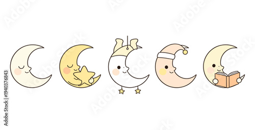 Adorable crescent moon characters set with various expressions and activities like sleeping reading and holding star for nursery decoration
