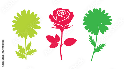 Set of flower icons featuring daisy, rose, and chamomile in simple cartoon style, isolated on white.