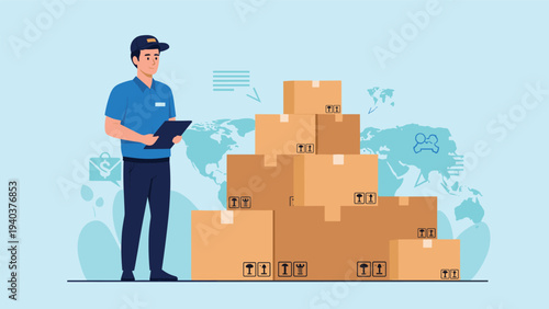 Delivery service worker in professional uniform standing with a clipboard near a large stack of cardboard boxes for international shipping.