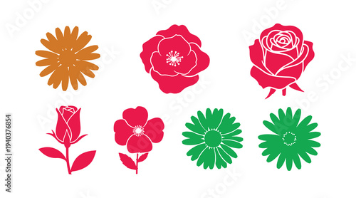 Vector set of floral icons with daisy, rose, and chamomile shapes on white background.
