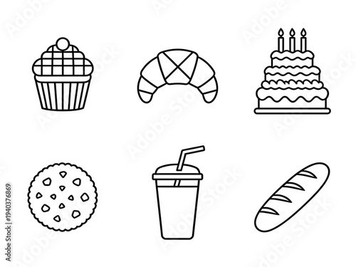 Bakery and pastry items linear icon collection featuring cupcake croissant cake cookie drink and baguette for menu design and food branding
