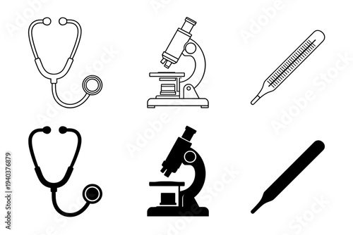 Medical diagnostic tools set featuring stethoscope microscope and thermometer in both linear and silhouette vector styles for healthcare design