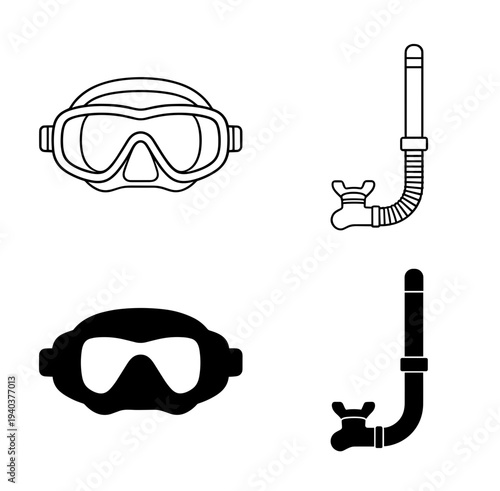 Professional diving mask and snorkel set in line art and black silhouette styles for summer vacation snorkeling underwater exploration and swimming sport