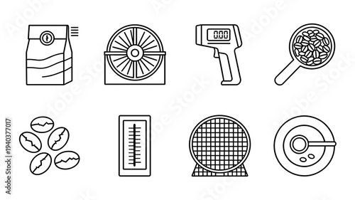 Coffee roasting process and quality control icons with roasted beans digital thermometer testing equipment bean package and sorting sieve collection