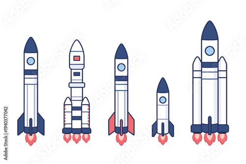 Colorful flat vector rocket ships collection in various stages and sizes for space exploration mission start up concept and galaxy travel technology icons