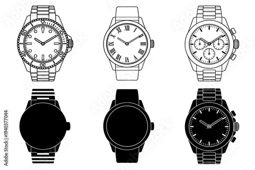 Luxury wristwatch design collection featuring diving watch classic roman numeral dial and chronograph styles in line art and solid black silhouettes