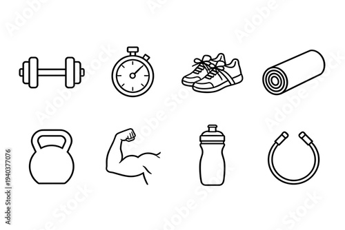 Fitness and bodybuilding equipment icon set including dumbbells stopwatch sneakers yoga mat kettlebell muscular arm water bottle and resistance band