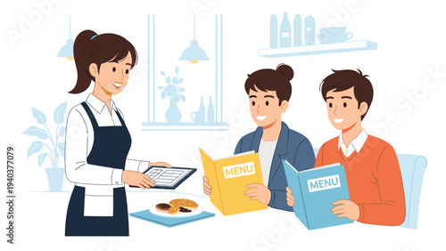 Professional waitress wearing an apron taking food orders on a tablet from two male customers holding menus in a bright, modern restaurant.