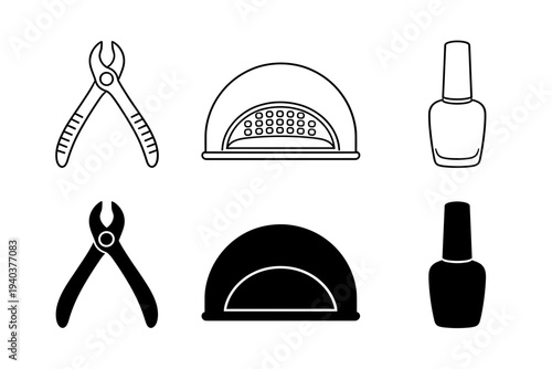 Professional manicure and pedicure tool set with nail clippers, UV LED lamp, and polish bottle icons, minimalist vector line and black silhouette style on white.