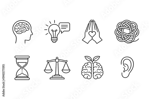 Mental health and psychology line icon set featuring brain, idea bulb, meditation, balance scales, hourglass, and listening ear symbols for therapy concept.