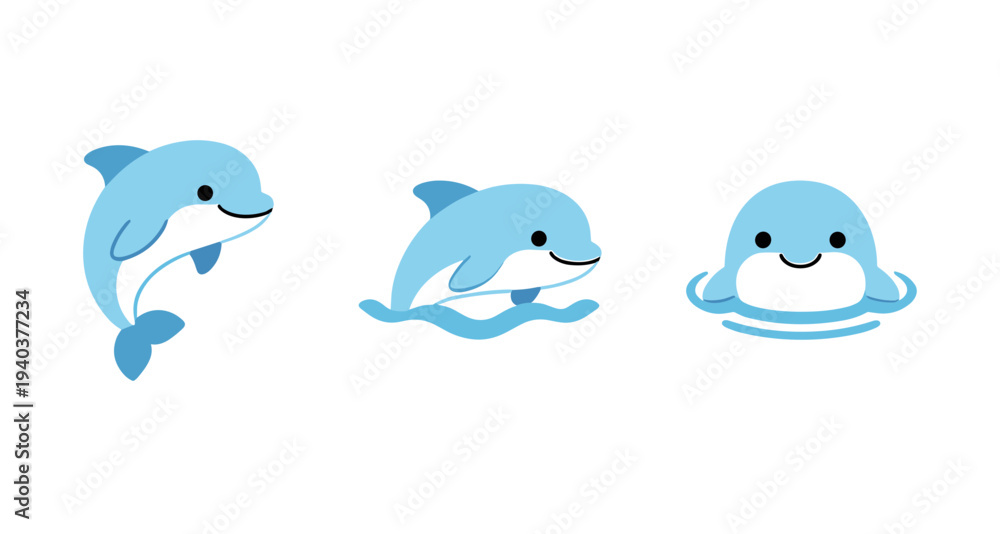Obraz premium Cute blue dolphin character set showing different poses like jumping, swimming and peeking out of water, friendly marine animal mascot for children design.