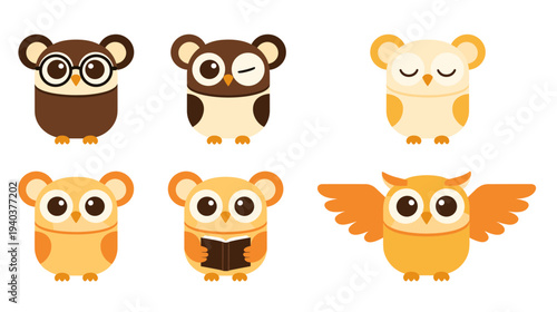 Set of cute owl characters with different styles like wearing glasses, winking, sleeping, reading a book and flying, adorable bird mascot illustrations.