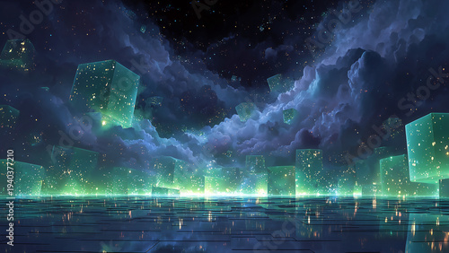 緑色の巨大な星雲とデジタルな惑星の地表を思わせる抽象景観素材