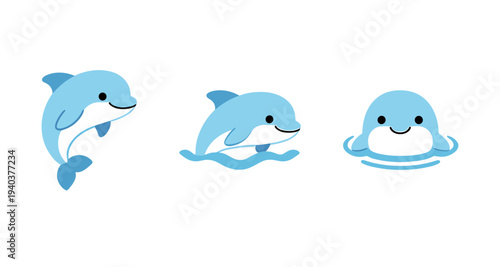 Cute blue dolphin character set showing different poses like jumping, swimming and peeking out of water, friendly marine animal mascot for children design.