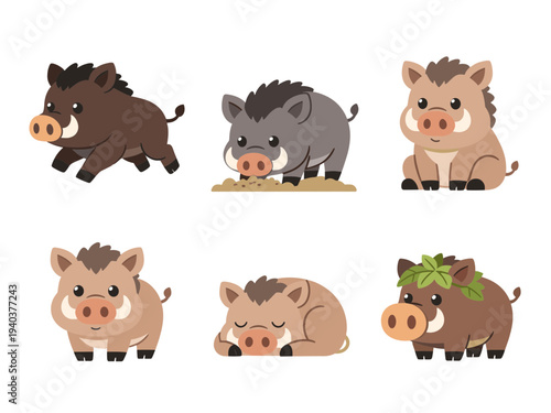 Adorable wild boar piglet characters collection showing different actions like running eating sleeping and wearing leaves, flat vector style for children.