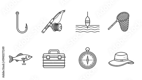 Professional fishing gear icons set featuring hook rod float net lure tackle box compass and sun hat, clean black line art vector on white background.