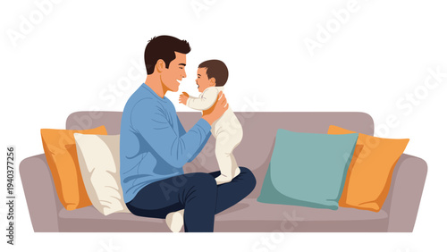Joyful young father sitting on a comfortable sofa and lifting his small baby up in the air while both share a happy moment at home.