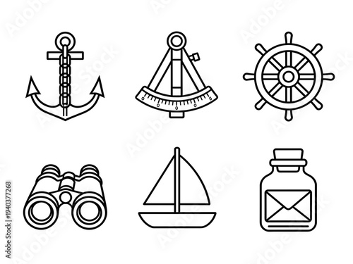 Nautical and maritime theme icons set featuring anchor sextant wheel binoculars sailboat and message in a bottle, clean black line art vector design.