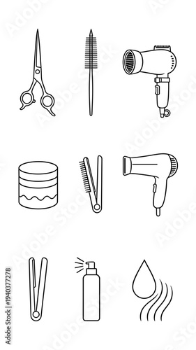 Professional hair salon equipment icons collection including scissors comb hair dryer spray and iron, minimalist black outline vector art for barber shop.