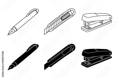 Office stationery icons featuring pen cutter and stapler in both outline and solid black styles, 3D isometric perspective vector illustration set for work.