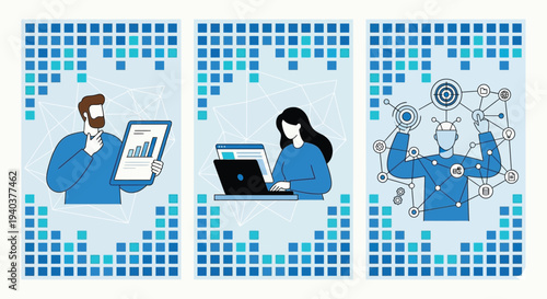 A vector illustration set of business people icons featuring a businessman and woman using a laptop, mobile phone, and cloud technology for online office communication and web design concepts