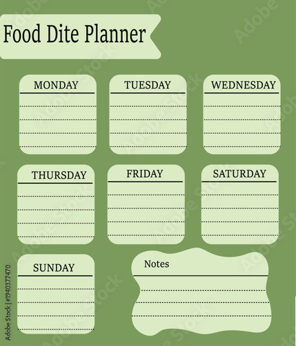 Weekly Food Diet Planner Template with Monday to Sunday Sections and Notes on Green Background