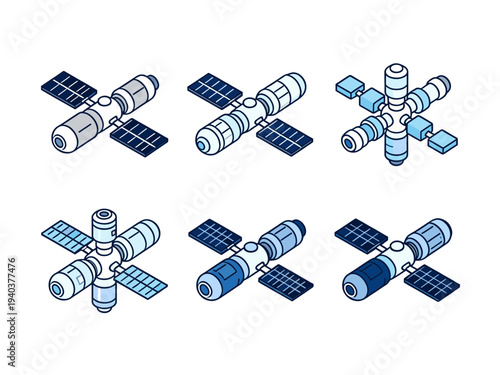 Isometric space station module collection featuring various satellite configurations with solar panels in a professional blue and white technical style