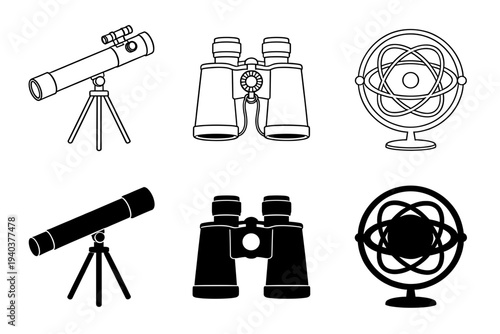 Collection of professional astronomical observation equipment icons featuring high quality telescope and binoculars and an armillary sphere for space research and education
