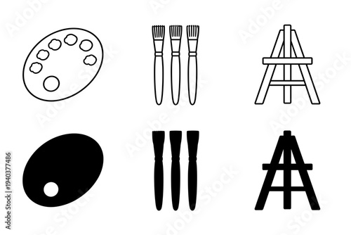 Artistic set of painting supplies including a paint palette and set of brushes and an easel for fine arts and creative design projects and digital illustration