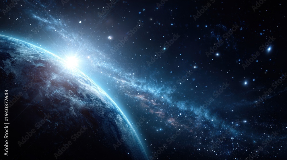 Obraz premium Earth planet sunrise over the horizon in deep space with starry galaxy background