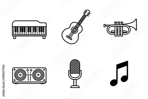 Music and audio equipment icons featuring piano guitar trumpet speaker microphone and musical note in clean outline style for entertainment sound and concert design projects