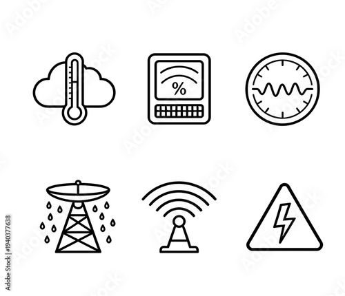 Weather and telecommunication technology icons including thermometer cloud humidity sensor waveform network satellite antenna and high voltage sign for technical data design